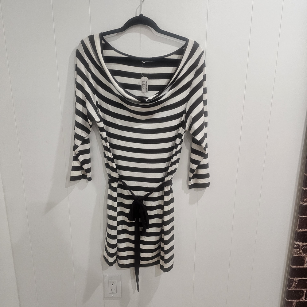 AECity Brown White Striped Cowl Neck Mini Dress Size X(12) Cottagecore Cleangirl